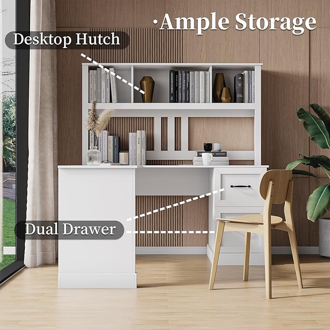 JOYSOURCE Executive L Shaped Desk Home Office Desk with File Drawer &amp Open Storage Shelves Computer Corner Desk with Hutch and Drawer Workstation for Office Home White