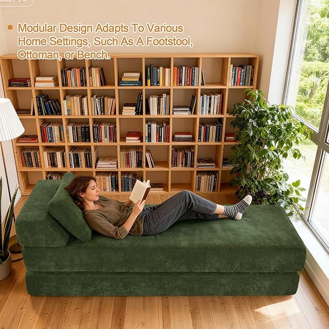 2-in-1 Daybed Sofa Chair Bed with Lumbar Pillow Queen Size Sofa Bed Chaise Lounge Chair Queen Sleeper Chairs Comfy Floor Couch for Living Room Bedroom Office Study (Chenille Green)