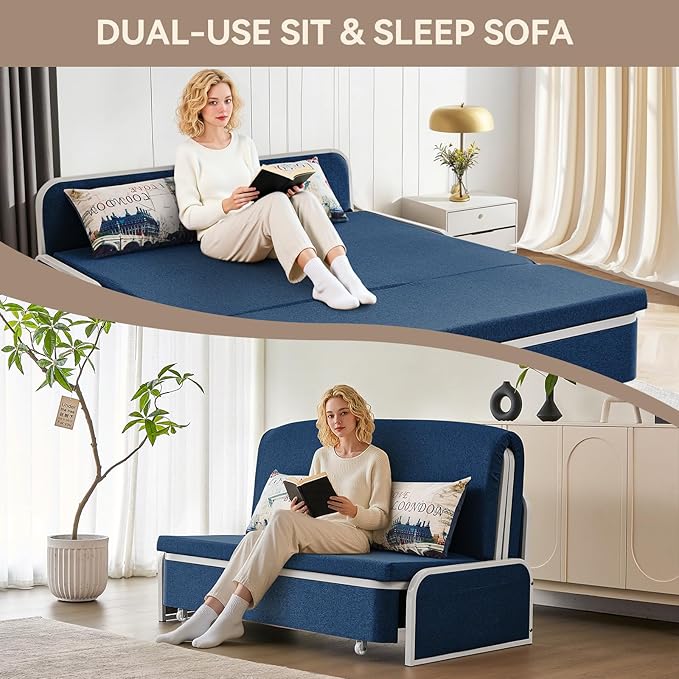 60 Full Size Loveseat Couch Bed 3 in 1 Convertible Pull Out Sleeper Sofa Bed with Storage Trundle and 2 Pillows for Living Room Bedroom Dorm Office RV (Midnight Navy-909)