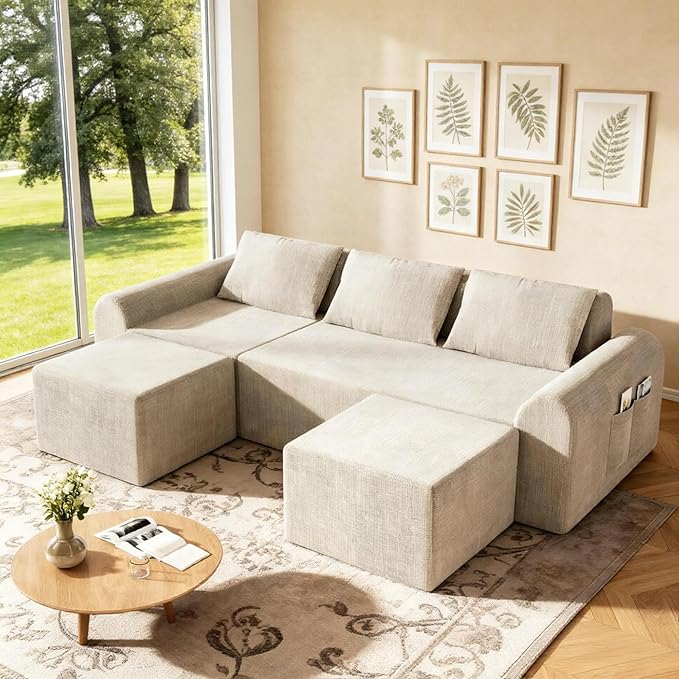Cloud Modular Sectional Sofa No Assembly Deep Seat Chenille Couch with 2 Ottomans 3-Seater Modular Sofa for Living Room Beige