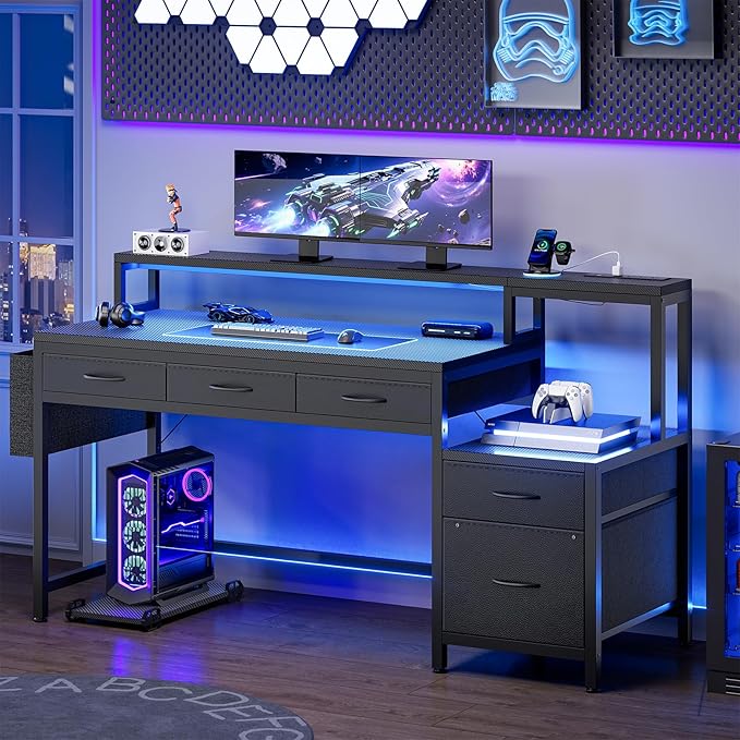 REAHOME 61 Inch Gaming Desk with Charging Station and LED Lights Reversible Computer Desk with Storage Drawer and Monitor Stand Modern Desk Table with File Cabinet &amp Side Pocket Carbon Fiber Bl