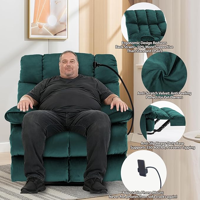 Euthymia Oversized Recliner Chair Big and Tall Recliner Chairs for Adults 400LBS Large Recliner Chair Extra Wide Recliner for Living Room Teal