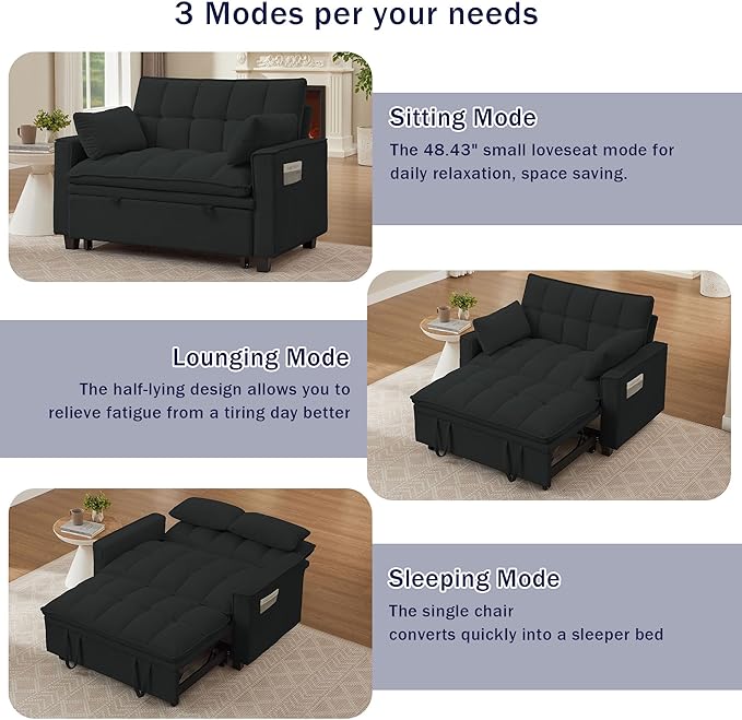 Sleeper Sofa with Pull Out Couch Bed 48.43 Convertible Pull-Out Sofa Bed Chair 3-in-1 Futon Couch with Reclining Backrest and Side Pockets for Living Room Bedroom Apartment Light Grey