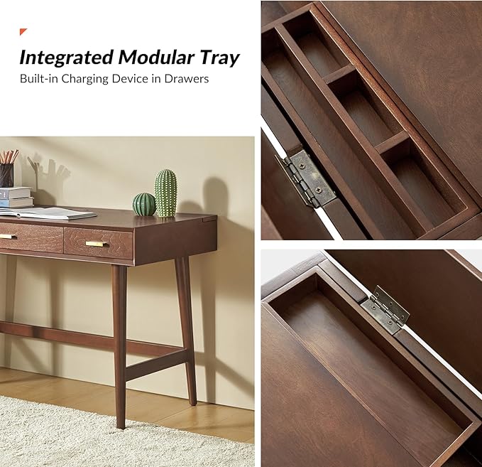 HULALA HOME 47 Writing Desk with 3 Drawers Wood Office Desk with USB Charging Staion Vintage Office Desk with Cable Management(Walnut)