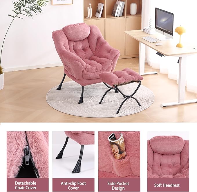 LITA Lazy Chair with Ottoman Modern Accent Leisure Upholstered Sofa Chair Lounge Reading Chairs with Armrests and a Side Pocket for Living Room Bedroom &amp Small Space Plush Dark Pink