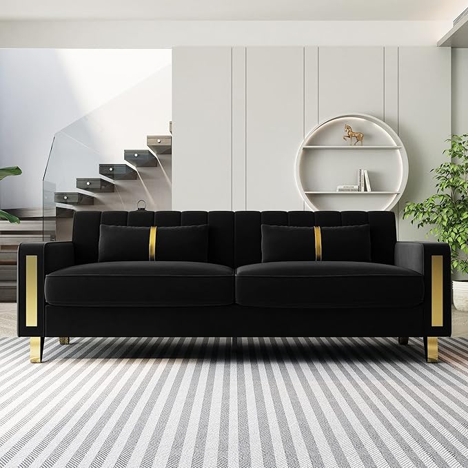 Modern Velvet Sofa Couch 86 Large Loveseat Sectional Sofa Couch with Gold Legs for 3-4 Persons Upholstered Deep Seat Love Seat Sofa Chaise for Living Room Office Apartment Black