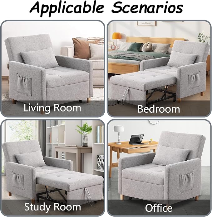 Sleeper Chair Convertible to Bed with Adjustable Backrest Pull Out Sofa Linen Fabric Side Pocket for Bedroom Living Room Apartment