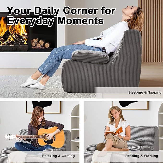 Boneless Chair for Small SpaceCorduroy Cloud Chair Foam Couch with Wide ArmrestFluffy Comfy Reading Single Sofa Chairs for Living Room Bedroom Apartment (Grey)