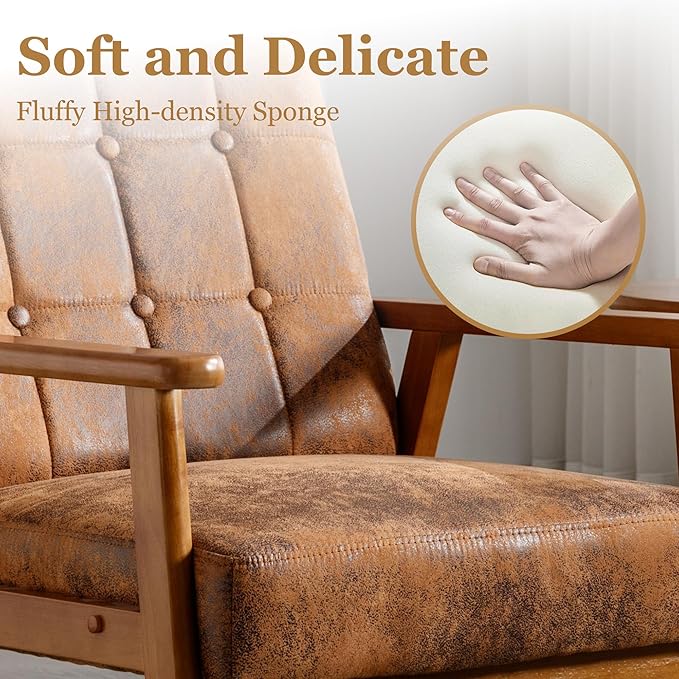 PU Leather Accent Chair Set of 2 Mid-Century Modern Armchair with Solid Wood Armrests Button-Tufted Comfortable Cushioned Reading Chairs for Living Room Bedroom (Coffee