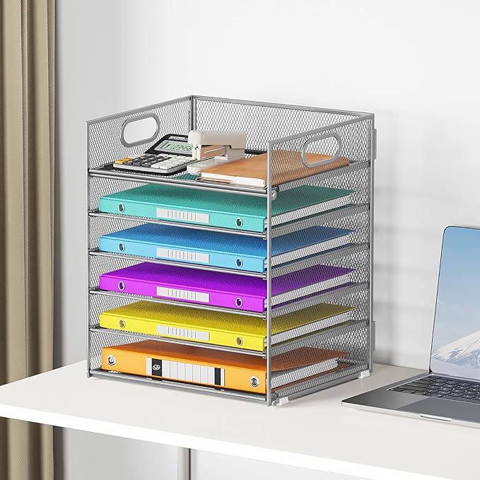 6 Tray Paper Organizer Letter Tray with Handle - Mesh Desk File Folder Holder Paper Sorter for Office Home or School - Silver