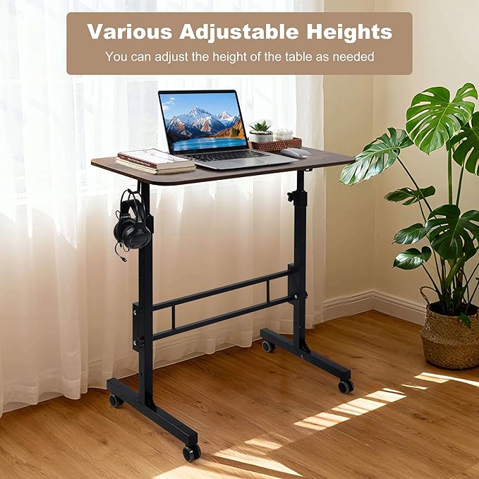 Adjustable Standing Desk with Wheels Portable Rolling Walking Pad Desk Small Laptop Table for Home Office Sit Stand Up Workstation Size 15.7x31.5 Rustic Desk