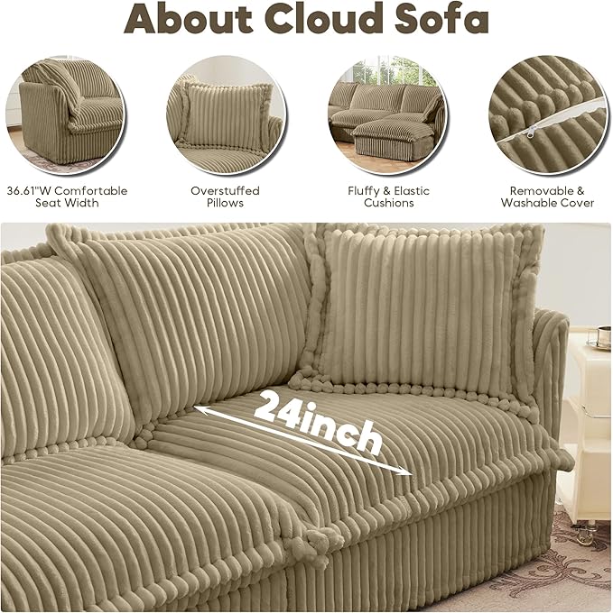 Corduroy Oversized Accent Chair 49” W Big Comfy Modular Cloud Chair Cozy Armchair for Living Room Bedroom Family Room Reading Nook Cover Removable Brown