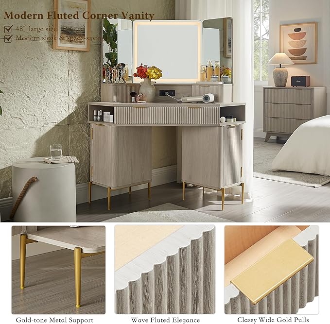 T4TREAM 48 Fluted Makeup Vanity Desk with HD Triple Mirror and Lights Large Lighted Corner Vanity with Glass Top Modern Dressing Table with 3 Drawers &amp 2 Cabinets for Bedroom White Alder