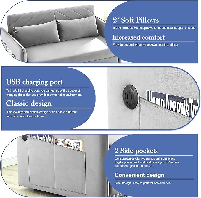 Pull Out Couch with USB Port Loveseat Sleeper Sofa Bed Nailhead Trim Design with 2 Pillows &amp Side Storage Pockets 3 in 1 Velvet Sofa Adjustable Backrest Resilient Sponge Cushions Grey
