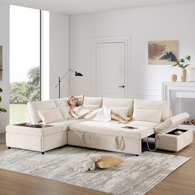 Modular Sectional Sleeper Sofa Bed 107'' Pull Out Bed Sectional Sofa with Free Movement Storage Ottoman L-Shape with Wide Seats Oversized Chenille Sofa for Living Room (Light Khaki+Beige/512)
