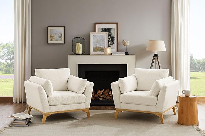 VANOMi Large-Sized Accent Chair Thick Cushion Bedroom Reading Chair Comfortable Living Room Single Sofa Boucle Milky White