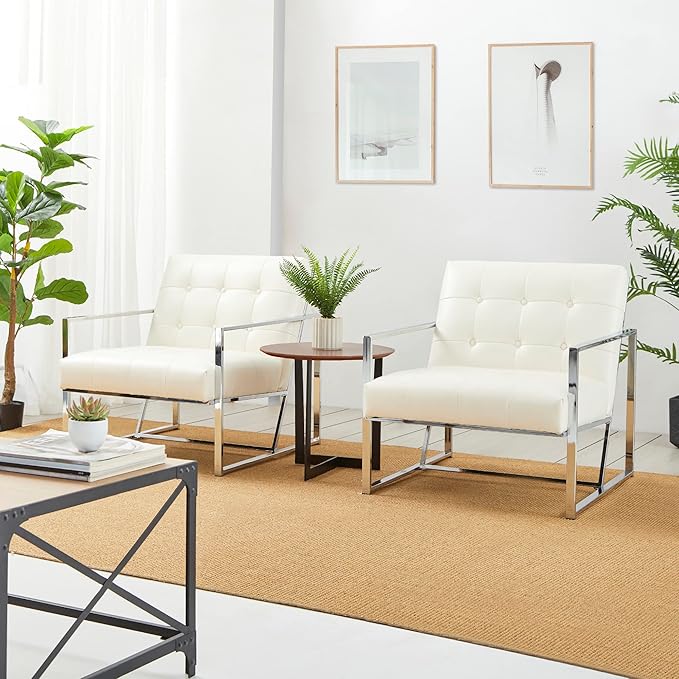 Glitzhome Mid Century Modern Accent Chairs Set of 2 Modern Living Room Chairs with Durable Metal FramePU Leather Cushioned Reading Armchairs for Living Room Bedroom Home Office Off White