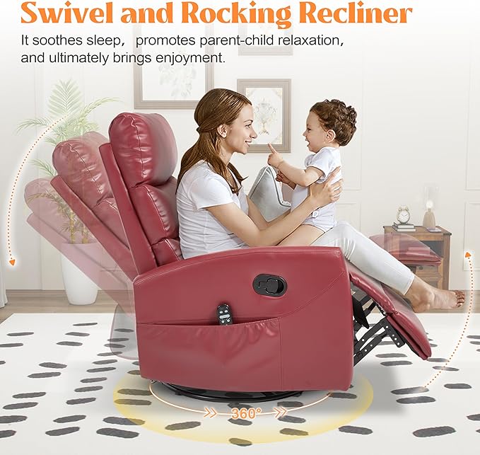 Luxlen Manual Swivel Rocker Recliner Chair with Massage Overstuffed Recliner Glider with Vibration Massage and Heat for Nursery Living Room Reclining Sofa Chair PU Leather Red