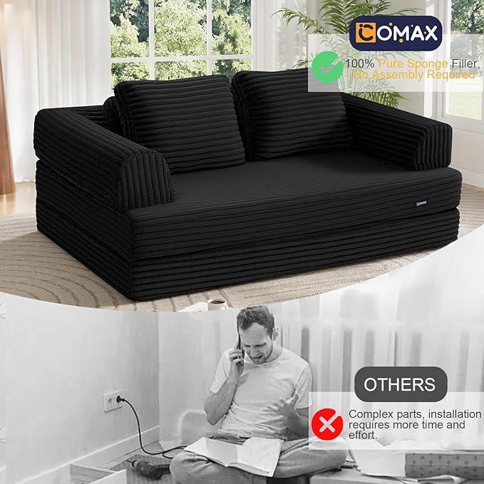 COMAX Convertible Sofa Bed Folding Floor Couch Corduroy Fold Out Couch Bed Futon Sleeper Mattress with Pillows Boneless Sofa Comfy Lounge Loveseat for Living Room Bedroom Plush Black