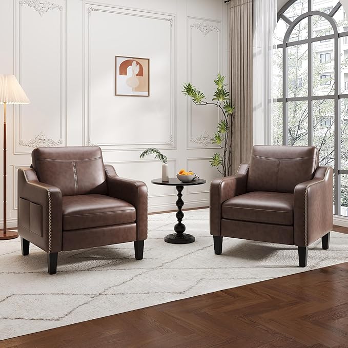 PU Leather Accent Chair Mid-Century Modern Living Room Armchair Sofa with Removable Cushions Solid Wood Frame &amp Stitched Armrest Design Bedroom Chair with Plastic Legs Chocolate Brown