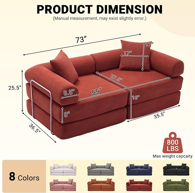 73 Convertible Sleeper Sofa Bed Corduroy Boneless Couch in a Box 4-in-1 Folding Mattress Loveseat Couch Comfy Modular Foldable Floor Sleeper Sofa with 2 Pillows and Fixed-Shape Frame (Red 73)