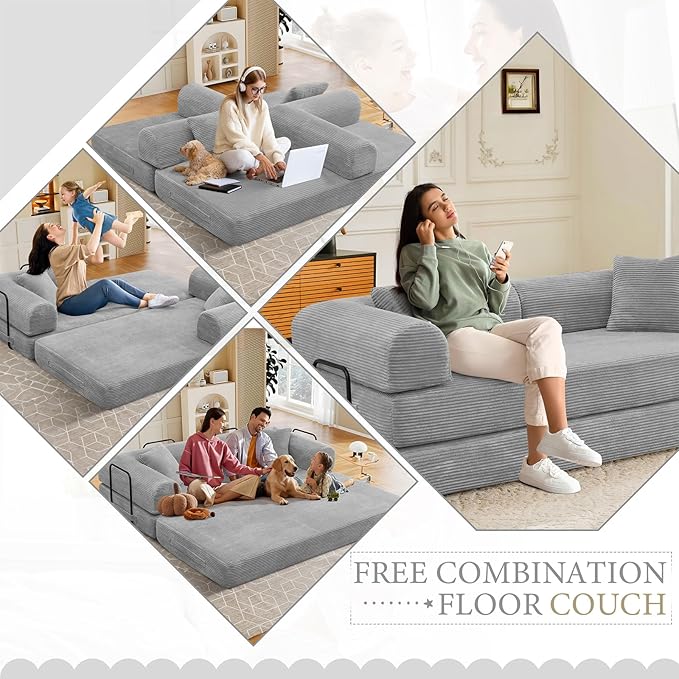 78 Convertible Sleeper Sofa Bed with Cylindrical Pillow Corduroy Folding Mattress Couch with Fixed Frame Floor Sofa Lounge Couch for Living Room Bedroom Apartment Light Grey