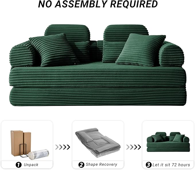 79 Boneless Couch with High Backrest Headrest Comfy Modular Foldable Floor Sleeper Sofa 5-in-1 Convertible Sofa Bed for Living Room Bedroom Lounge Studio Green