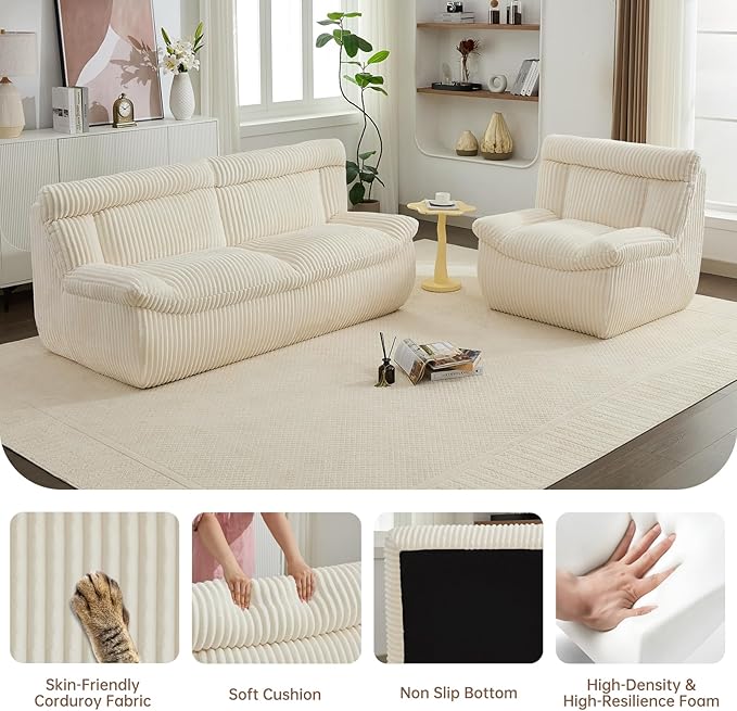 Boneless Loveseat Sofa 82 Corduroy Oversized Cloud Couch 2 Seater with Deep Seat Modern Love Seat Couch with Memory Foam Beige Boneless Couches for Living Room Apartment