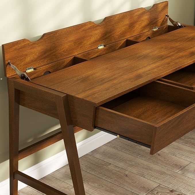 Walnut Wood Desk with Drawers Home Office Desk Mid Century Modern Writing Table for Bedroom Vanity Living Room Study Workstation
