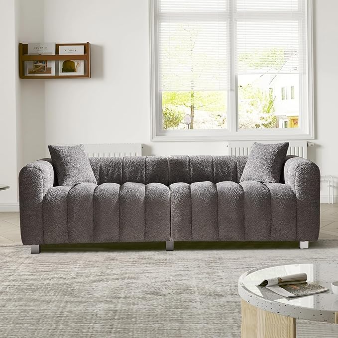 83.46 Oversized Boucle Sofa CouchModern Teddy Deep Seat SofaUpholstered Tufted Couchwith 2 Accent Pillow3 Seater Coucher for Living Room ApartmentOffices. (Grey)