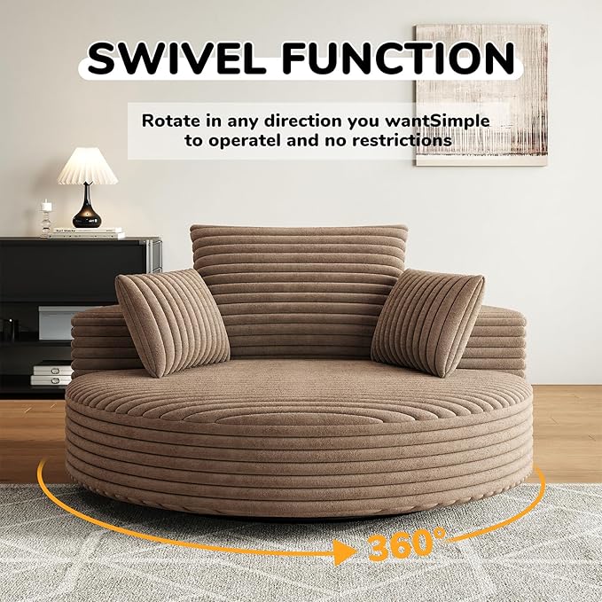 55 inch 360° Swivel Accent Chair Chaise Lounge Chair Indoor Oversized Round Swivel Accent Chair Modern Corduroy Single Sofa Chair Deep Seat Chair for Living Room Bedroom Apartment Brown