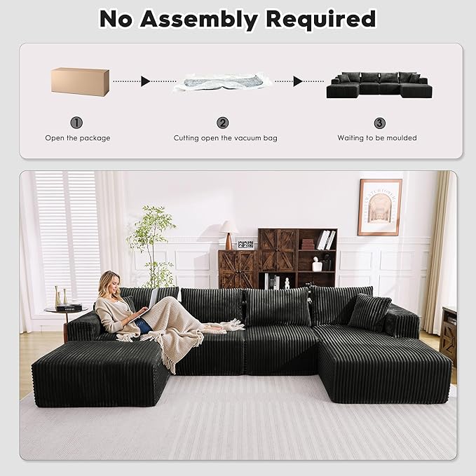 Ihanherry 139.37 Cloud Modular Sectional Couch Sofa with U-Shape Chaise and Big Ottoman with Deep Seat Upholstered Couches for Living RoomNo Assembly Required Plush Corduroy Fabric (Black)