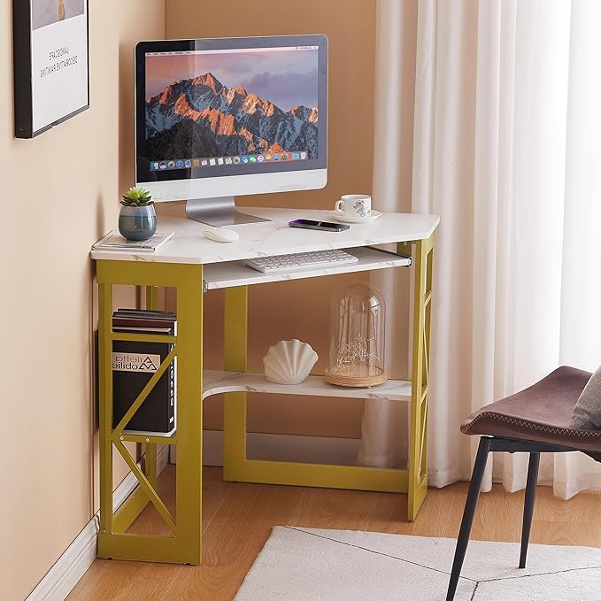 VECELO Corner Desk Computer Desk Writing Table with Smooth Keyboard Tray &amp Storage ShelvesCompact Home Office Triangle TableGold &amp White