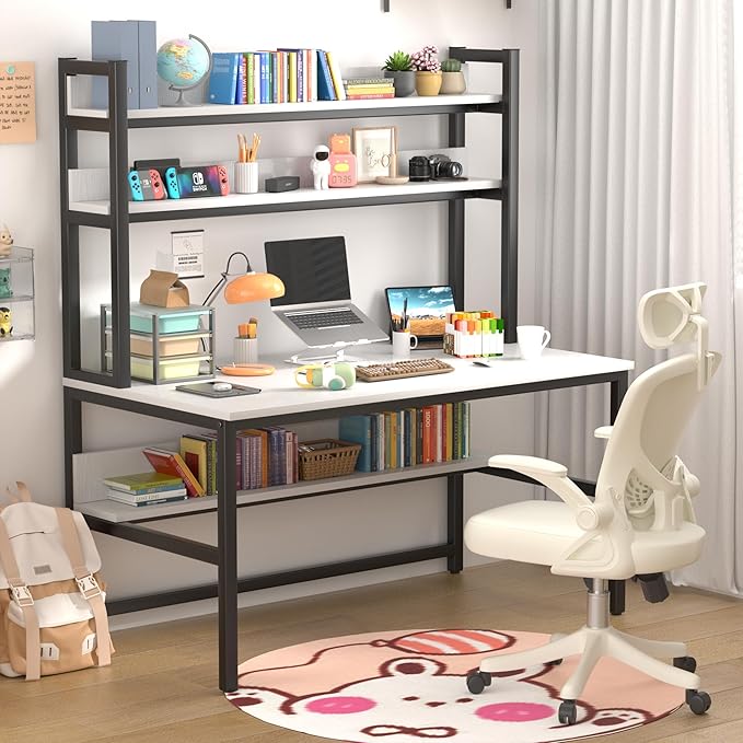 Aquzee Computer Desk Easy Assembly Gaming Table with Hutch and Shelves 4 Tiers Desk with Large Wood Desktop Metal Legs Ideal for Storage Study Work Writing Homework White 55Wx65Hx23.6D Inches