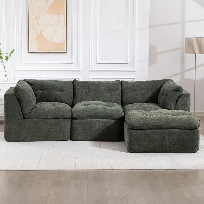 L Shaped Modular Sectional Sofa with Ottoman 106 Cloud Couch with Deep Seats &amp Layered Cushions No-Assembly Upholstered Sofa in a Box Boneless Couches for Living Room Green