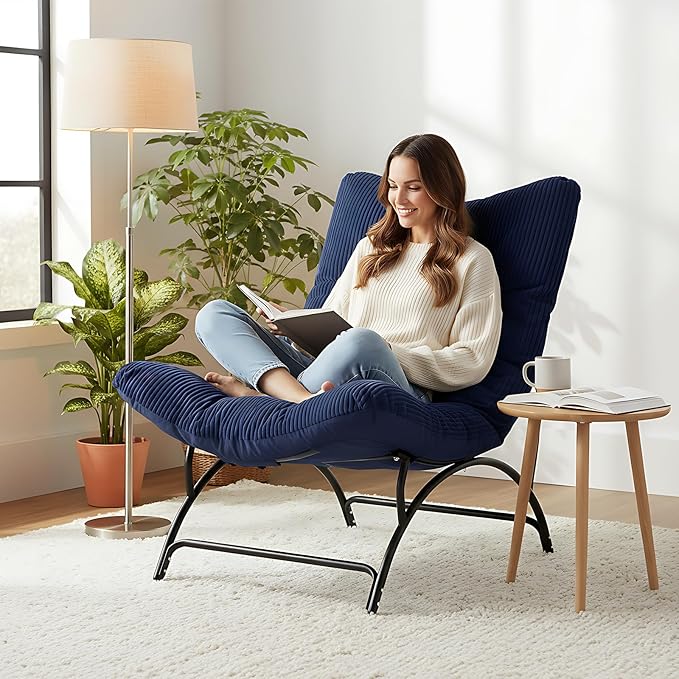 Welnow Accent Lounge Lazy Chair Comfy Soft Leisure Metal Frame Reading Chair Upholstered Thick Cushion Seated Recliner Sofa for Living Room Bedroom Dorm Navy