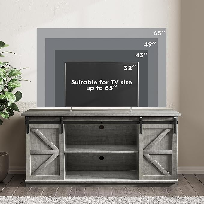 JUMMICO TV Stand for 65 Inch TV Entertainment Center with Storage Cabinets and Sliding Barn Doors Mid Century Modern Media TV Console Table for Living Room Bedroom (Pale Gray)