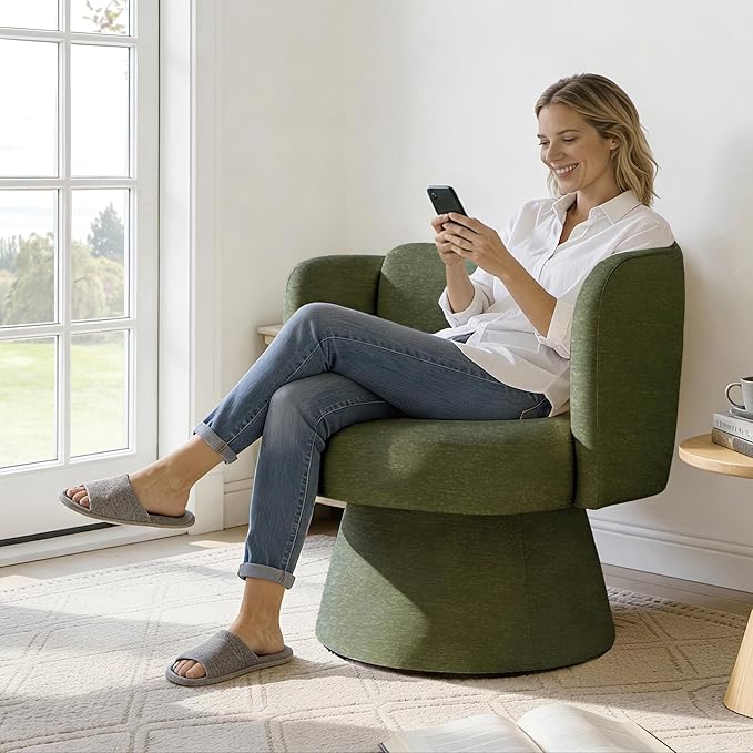 Swivel Barrel Chair360° Accent Chairs with Round BackrestUpholstered Lounge Chair for VanityLiving RoomBedroomReading NookGreen