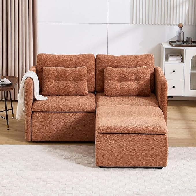 LukeAlon Chenille 56.5 Loveseat Sofa with Waist Pillow Modular Sectional Sofa Couch with Ottoman Comfy 2 Seater Lounge Sleeper Couch Sofa for Apartment Living Room Office Light Brown