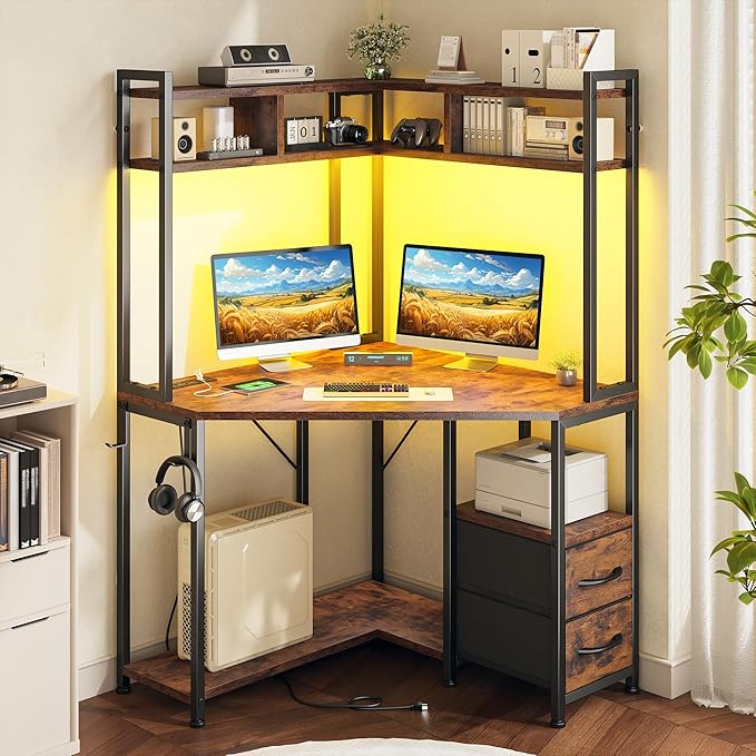 Corner Desk 35.4 W x 63 H Office Desk and Small Gaming Desk with Hutch &amp LED Lights Computer Desk with Drawers for Storage &amp Shelves and Hook for Small Space Rustic Brown