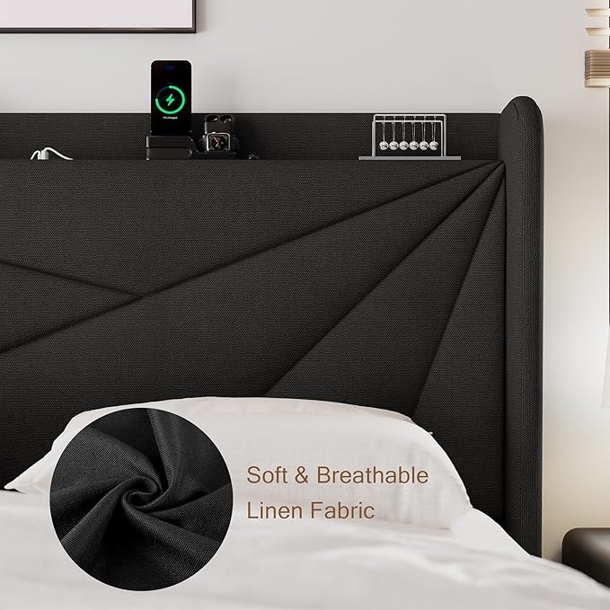 Full Size Upholstered Bed Frame with Charging Station Platform Bed Frame with Storage Headboard Solid Wood Slats Support No Box Spring NeededBlack