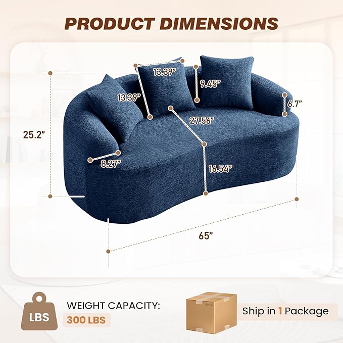 65 Curved Loveseat Sectional Sofa for Living Room Modern Plush Chenille Cloud Round Deep Seat Compressed Boneless Couch with 3 Throw Pillows for Small Apartment No Assembly Needed Blue
