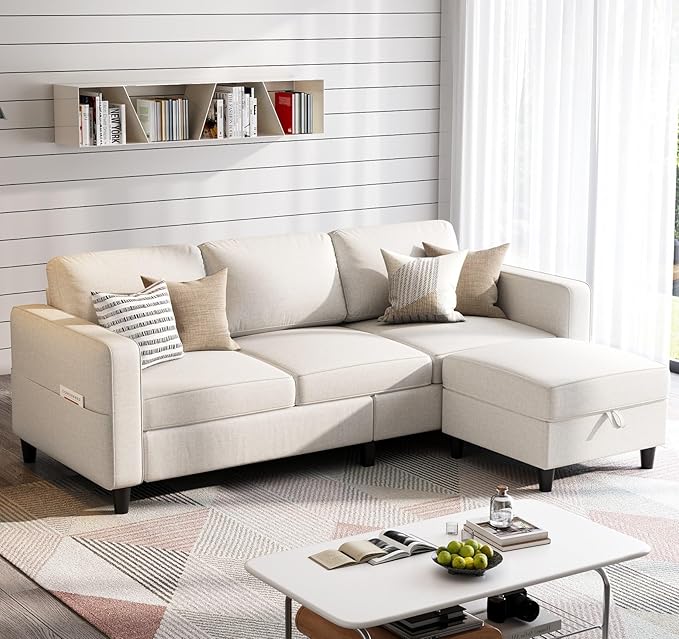 Sectional Sofas Couches for Living Room L-Shaped Couch with Ottoman | 3 Seats Storage Sofa Modern Linen Beige 78“ Small Couch Removable Ottoman