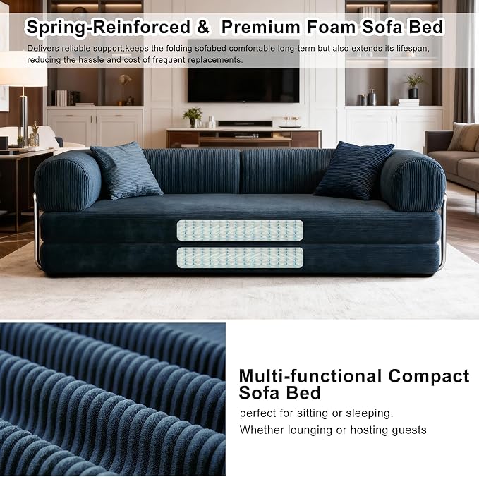4‑in‑1 Futon Sleeper Bed Queen 78Inch Convertible Floor Sofa Couch with L‑Shaped Armrests Space-Saving Sofa Bed Foldable Mattress Lounge for Living Room Bedroom