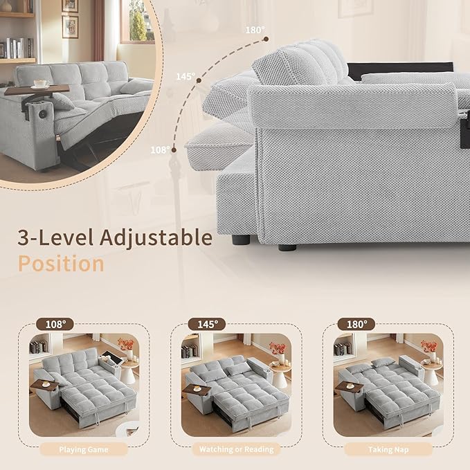 3-in-1 Convertible Sleeper Sofa Couch 65.35 Grainy Corduroy Fabric Pullout with 360° Swivel Side Table Charging Port &amp Storage Box Easy to Assemble for Living Room