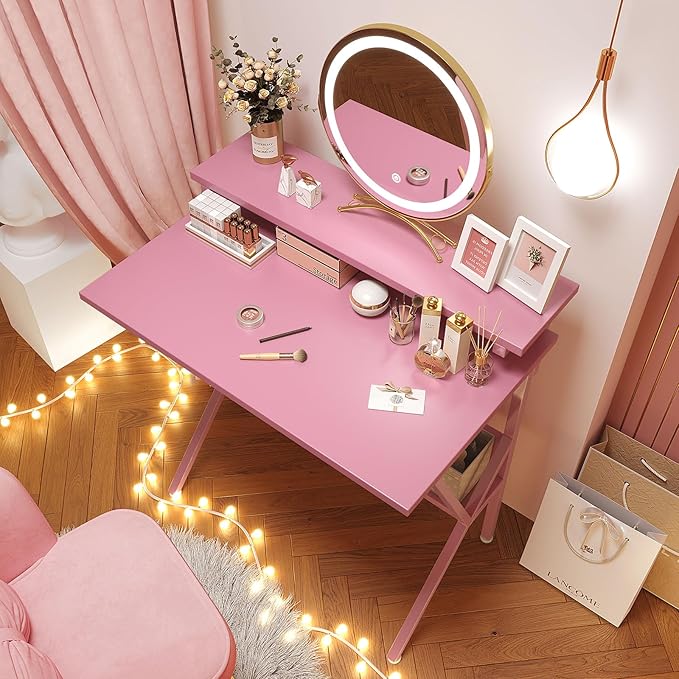 COTUBLR Small Desk 27.5 Inch Small Computer Desk for Spaces Computer Desks with Adjustable Monitor Stand Compact Desks with Storage Tiny Study Table for Bedroom Home Office Pink