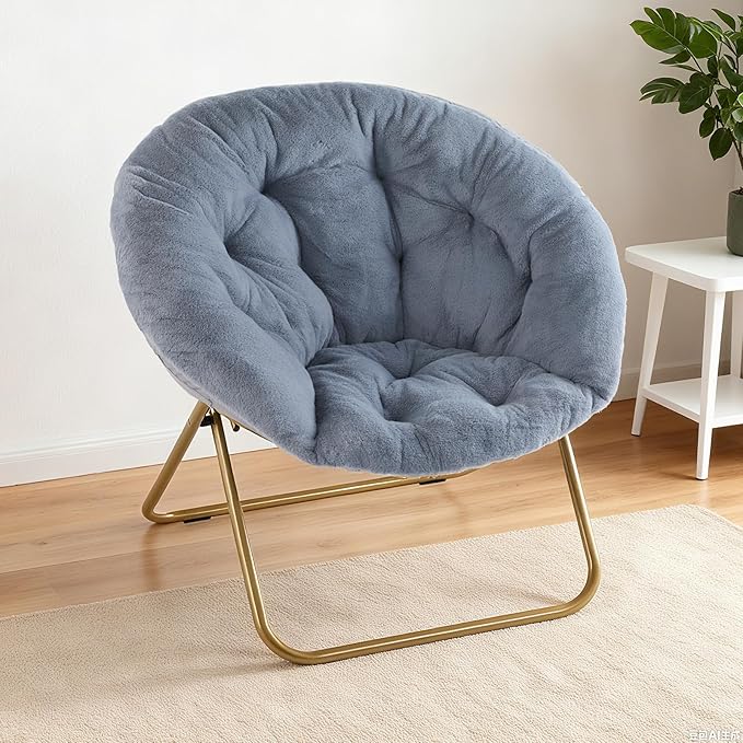 NEWBULIG Comfy Saucer Chairs Soft Lounge Cute Folding Bedroom Living Room Seat Flexible Reading Foldable Seating for Adults Thick Padded Metal Frame Modern for Home Office Gray
