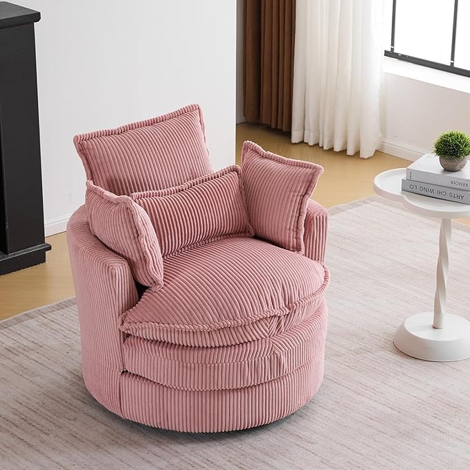 Karl home Swivel Accent Barrel Chair Single Sofa with 3 Pillows 360 Degree Modern Lounge Armchair Chair Comfy Round Reading Chair Corduroy Armchair for Living Room Bedroom Lounge Pink