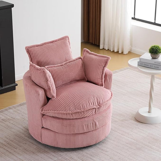 Karl home Swivel Accent Barrel Chair Single Sofa with 3 Pillows 360 Degree Modern Lounge Armchair Chair Comfy Round Reading Chair Corduroy Armchair for Living Room Bedroom Lounge Pink