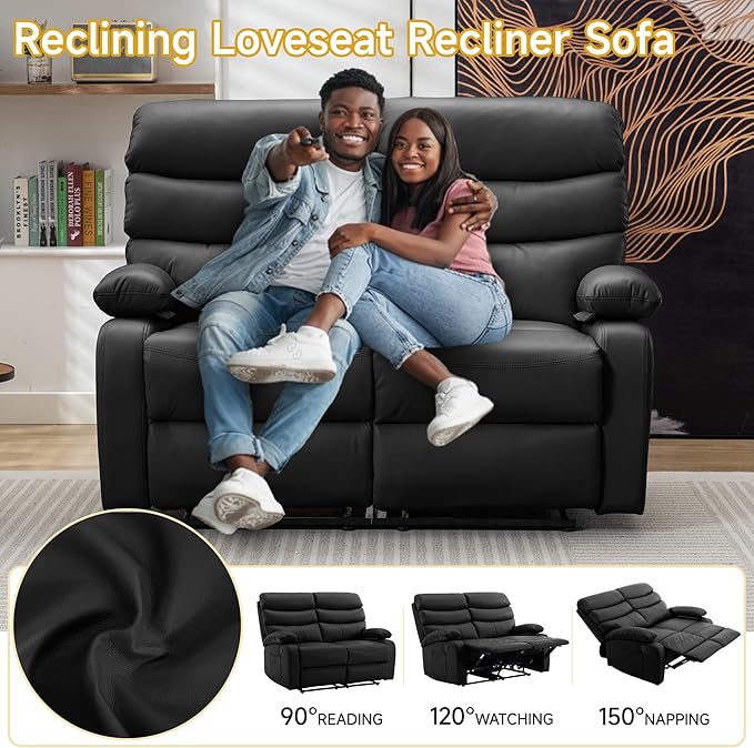 Double Recliner Loveseat Leather Reclining Loveseat 2 Recliners Set Wall Hugger Loveseat Recliner Sofa for Living Room RV Home Theater Seating(Black 2 Seater Sofa)